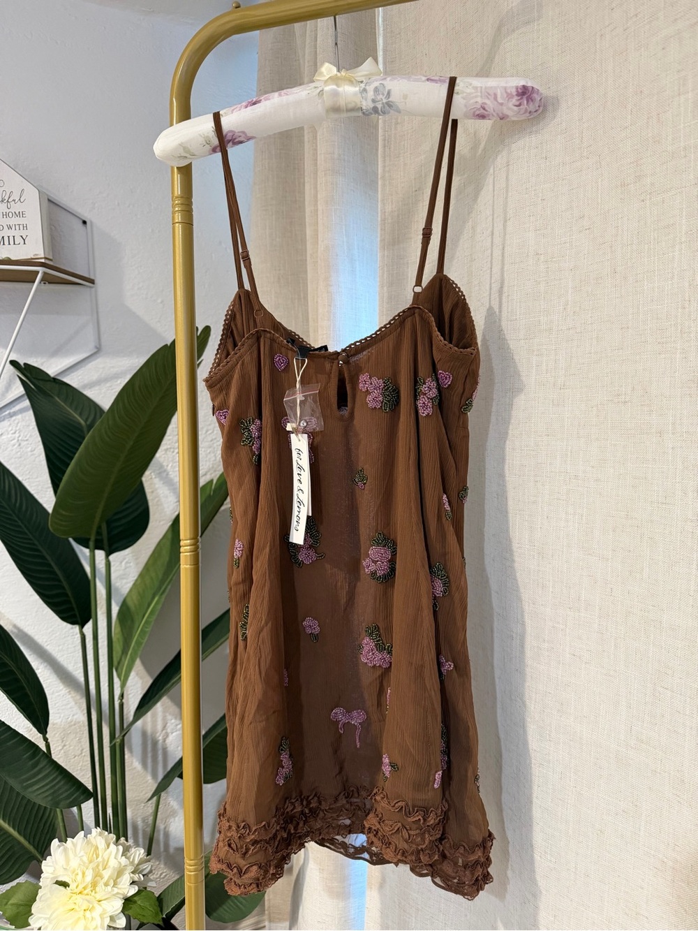 For Love & Lemons Beaded Garden Brown Mini Dress Size Small NWT - Picture 9 of 13